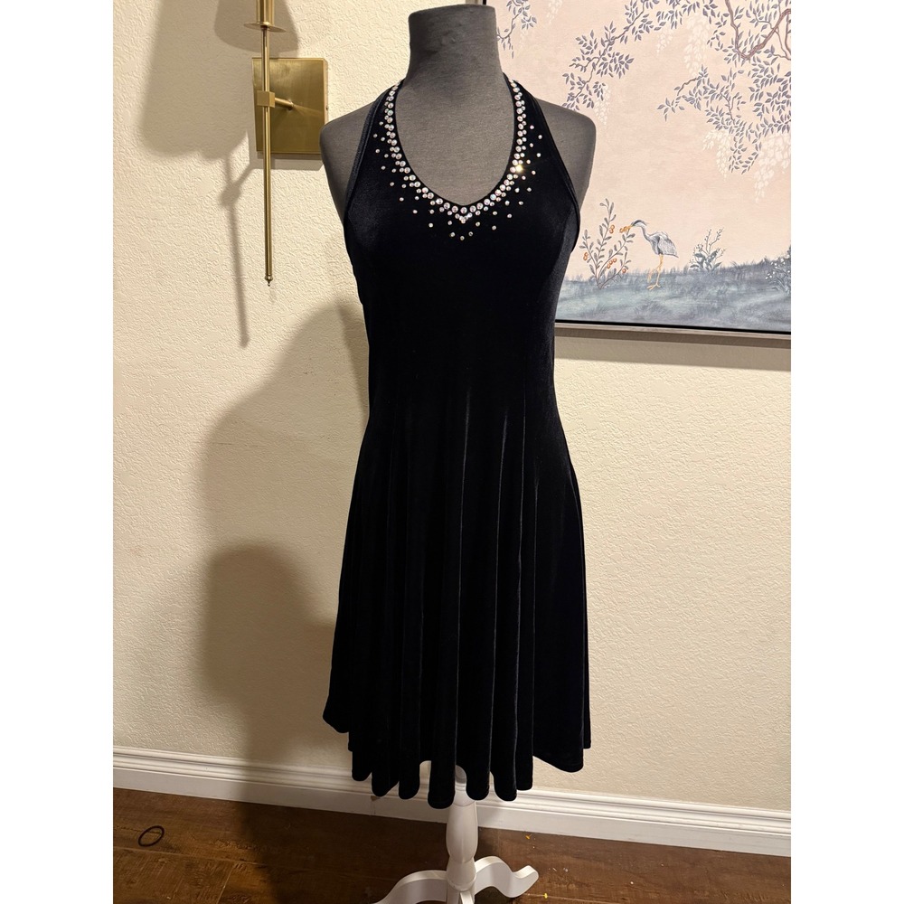 Showtime Creations‎ Vintage  Black Velvet Rhinestone Halter Dress  10L